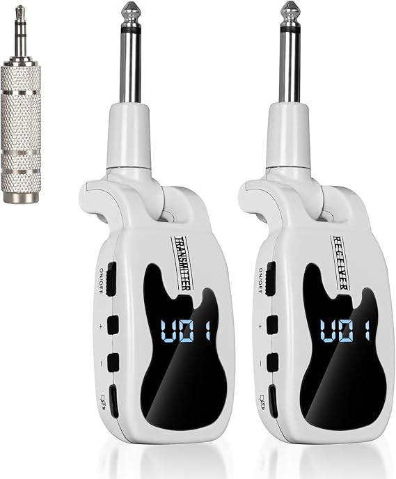 UHF Wireless Guitar System- 16 Channel Rechargeable Transmitter Receiver with Volume Control - Interference-Free Adapter for Bass Instruments(White)