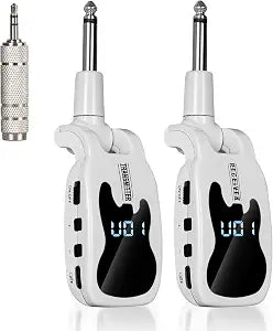 UHF Wireless Guitar System- 16 Channel Rechargeable Transmitter Receiver with Volume Control - Interference-Free Adapter for Bass Instruments(White)