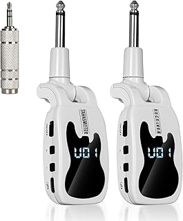 UHF Wireless Guitar System- 16 Channel Rechargeable Transmitter Receiver with Volume Control - Interference-Free Adapter for Bass Instruments(White) - Image 1