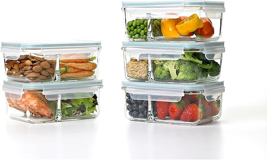 Glasslock Duo 5 Piece Clear Tempered Glass Microwave, Dishwasher, Freezer Safe Divided Food Storage Containers with Snap Close BPA Free Plastic Lids