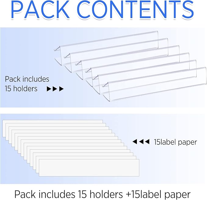 Teling 15 Pieces Shelf Label Holder, Clear Plastic 0.875'' x 6'' Shelves Clip Wood Tags Ticket Sign Label Metal Holders for 0.75'' Thick Shelves Includes Matched Blank Inserts Offices Libraries