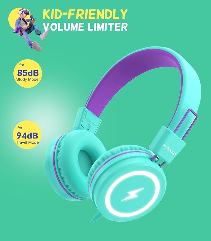 Kid Headphones for School, USB Type C Kids Headphone with LED Lights, Wired Boys Girls Headphones with Safe Limiter 85dB/94dB, Foldable On Ear Headphones with Microphones for School/iPad, Green