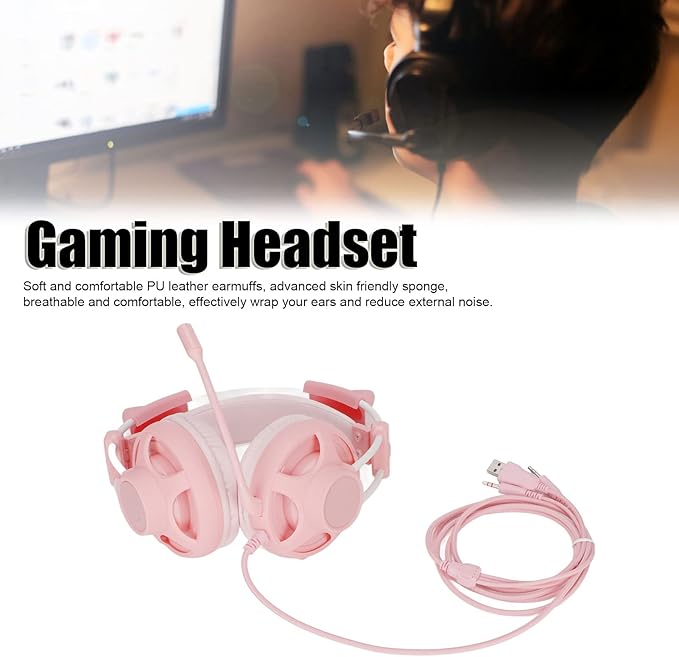 Cute Pink Cat Ears Gaming Headset for, 7.1 Surround Headband Wired Gaming Headset Bass Surround and Noise Cancelling with Mic for Laptop PC Smartphones (Pink)