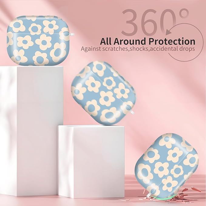 Compatible with AirPods Pro 3 (2025) Case, Airpod Pro 3 Protective Cover with Cute Golden Keychain for Girls & Women (Blue Groovy Flowers)