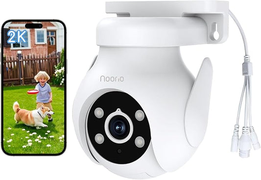 Noorio 2K Security Camera Outdoor 360° Pan/Tilt, Two Way Talk Wired Outdoor Camera for Home Surveillance, 24/7 Recording, Color Night Vision, Cloud & SD Card Storage, Compatible with Alexa, 2.4G WiFi