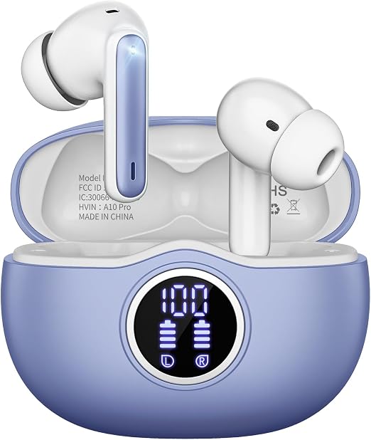 Wireless Earbuds, Bluetooth 5.3 Headphones HiFi Stereo 50H Playback LED Digital Display Ear Buds with ENC Noise Canceling Headset, IPX7 Waterproof Earphones for Gym/Running/Work (Light Purple)