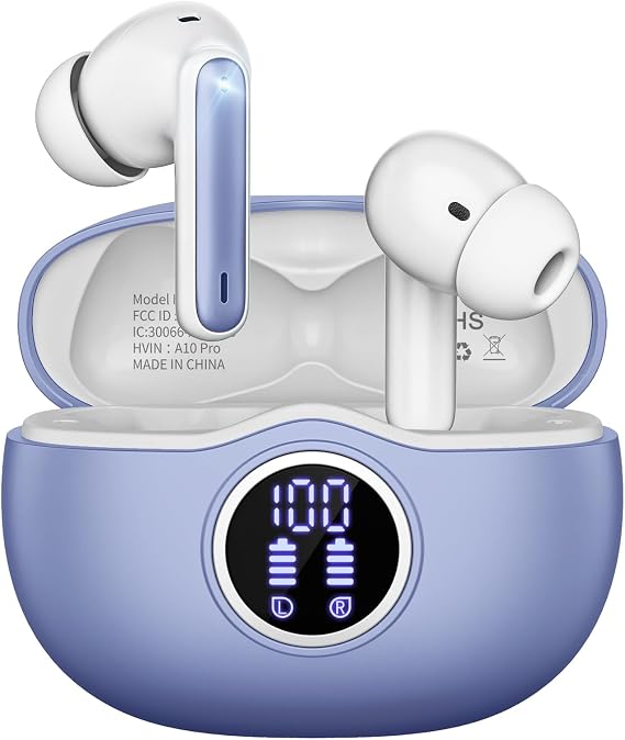 Wireless Earbuds, Bluetooth 5.3 Headphones HiFi Stereo 50H Playback LED Digital Display Ear Buds with ENC Noise Canceling Headset, IPX7 Waterproof Earphones for Gym/Running/Work (Light Purple)