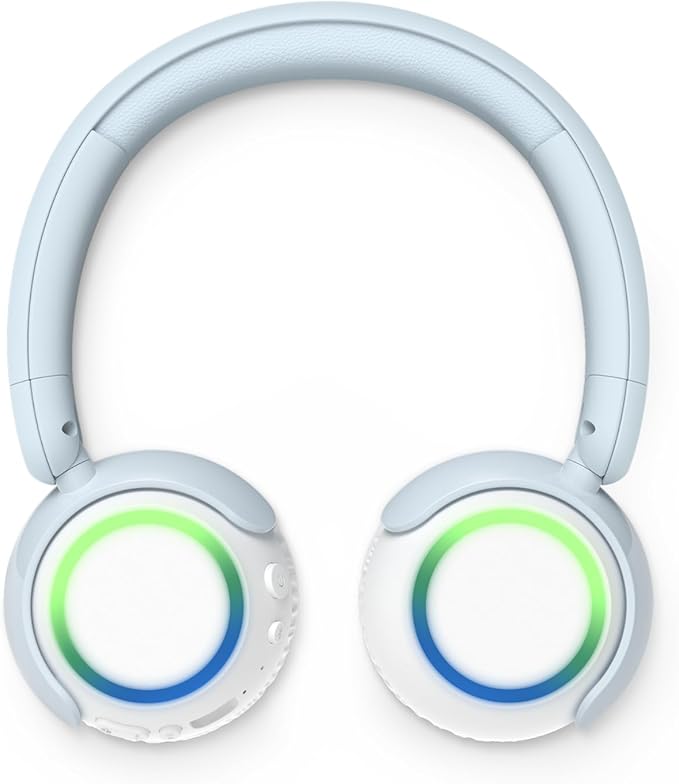 Philips K4200 Lightweight On-Ear Wireless Kids Headphones - Built-in Mic, LED Lights, Safe Volume Limited, Audio Sharing, Foldable & Durable, Blue