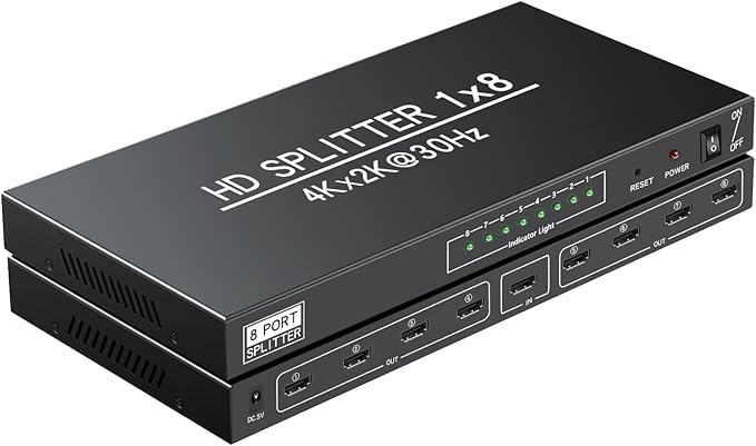 4K 1x8 HDMI Splitter 1 in 8 Out-8 Port Powered hdmi Splitters Multi Monitor Outputs Support 4Kx2K@30Hz 3D for Project/Office/Projector/HDTV/PS4