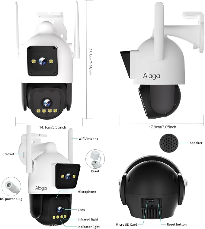 Alaga Outdoor Security Camera,Black Light Full Color Night Vision,F1.0 Dual Lens,AI Motion Detection,5G and 2.4G WiFi,Weatherproof,Two Way Audio,360° Detailed Coverage,Cloud and Local Storage