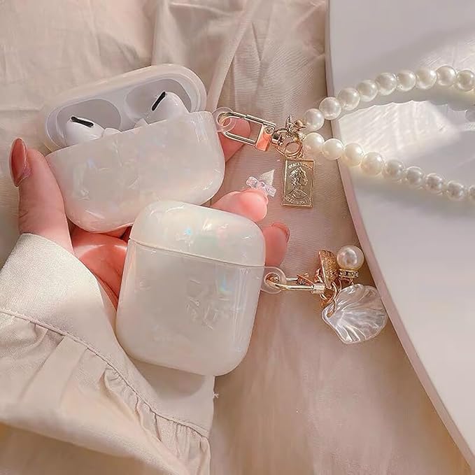 for Cute Glitter Airpods Pro/Pro 2 Gen Case with Cleaner Pen, Shell Pattern iPod Pro 2nd/1st Generation Cover Protective Skin Girl Women with Luxury Pearl Keychain 2023/2022/2019 - Colorful