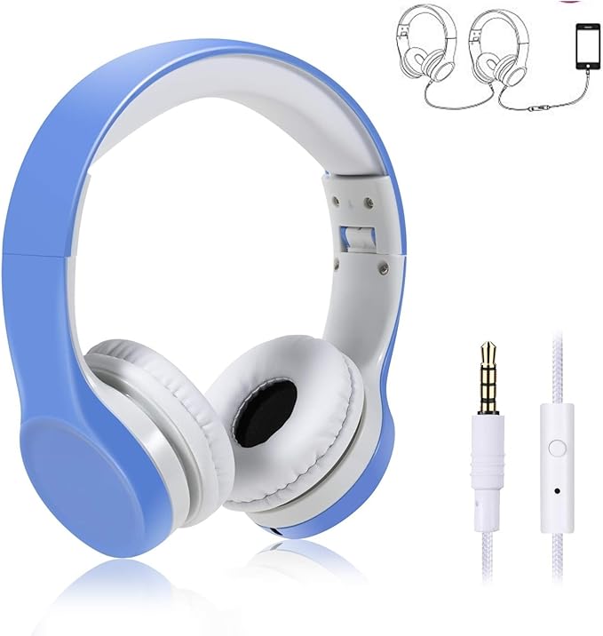 Kids Headphones with Cord, Toddler Headphones with Sharing Function, 85dB/93dB Safe Volume Limit, for Toddler Children Baby Boys Girls On-line Study, School, Travel use (Light Blue)