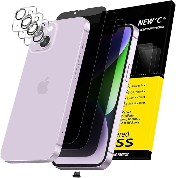 NEW'C 3x Privacy for iPhone 14 Screen Protector (6.1 inches)+ 3x Camera Lens Protector, Sensor Protection, Case Friendly Tempered Glass Film +Dust Plug - Enhanced Privacy Angle of 28 Degrees