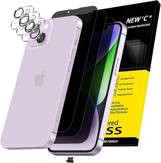 NEW'C 3x Privacy for iPhone 14 Screen Protector (6.1 inches)+ 3x Camera Lens Protector, Sensor Protection, Case Friendly Tempered Glass Film +Dust Plug - Enhanced Privacy Angle of 28 Degrees