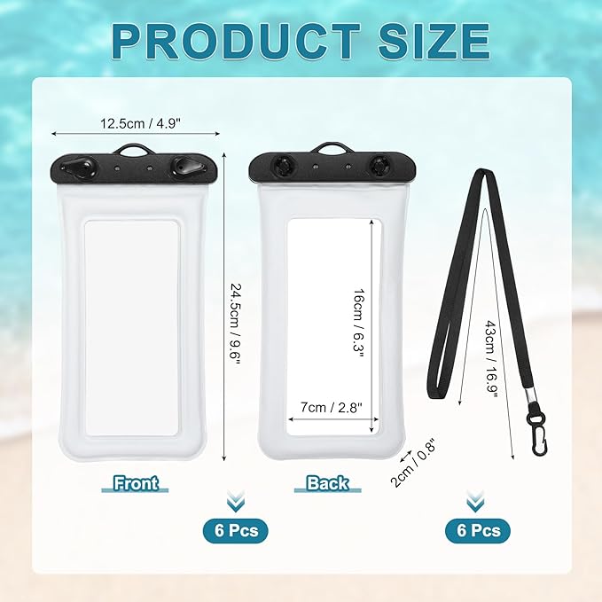 PATIKIL 6Pcs Waterproof Phone Pouch Floating No Sink Universal Cellphone Dry Bag Waterproof Phone Case for Kayaking Beach Swimming Hiking, White