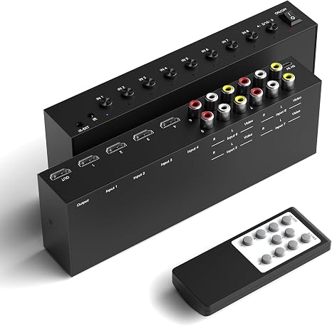 8 in to 1 Out RCA/HDMI Switcher，4 Way HDMI 2.0 + 4 RCA to HDMI Converter，4:3/16:9 Switcher Support 4K and 3D for PS1/2/3/4/5, N64, SNES, Switch, DVD, Roku, Fire Stick，etc.