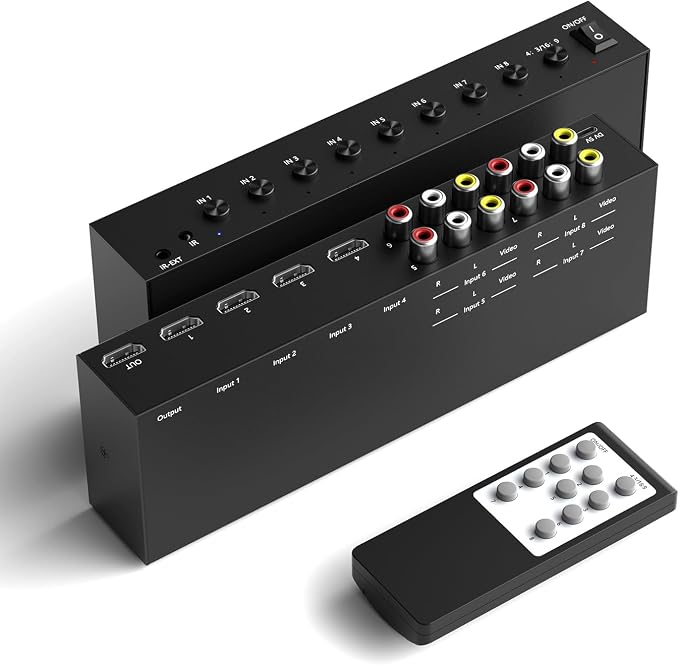 8 in to 1 Out RCA/HDMI Switcher，4 Way HDMI 2.0 + 4 RCA to HDMI Converter，4:3/16:9 Switcher Support 4K and 3D for PS1/2/3/4/5, N64, SNES, Switch, DVD, Roku, Fire Stick，etc.