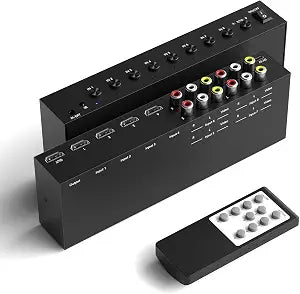 8 in to 1 Out RCA/HDMI Switcher，4 Way HDMI 2.0 + 4 RCA to HDMI Converter，4:3/16:9 Switcher Support 4K and 3D for PS1/2/3/4/5, N64, SNES, Switch, DVD, Roku, Fire Stick，etc.