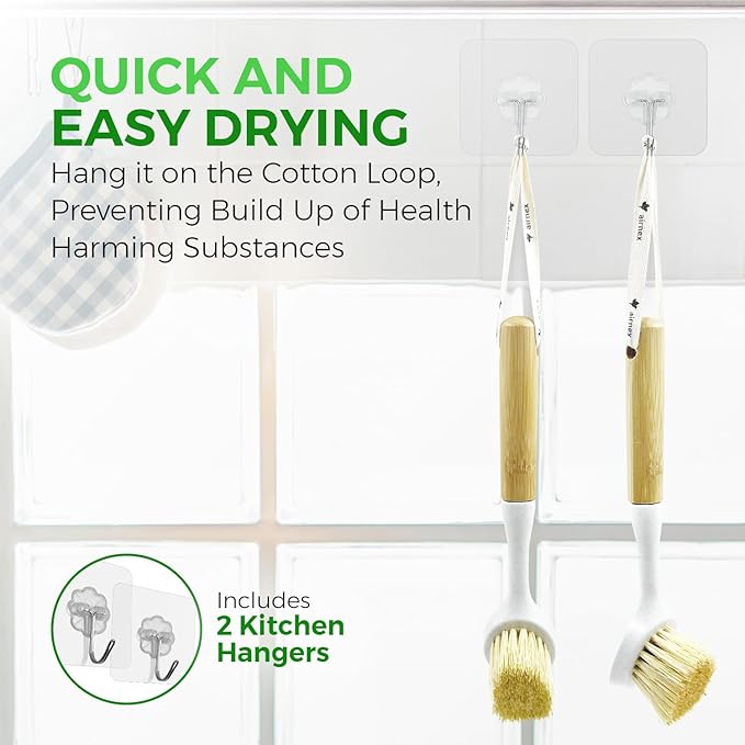 Bamboo Dish Scrubber Brush Set of 2-100% Plastic-Free Kitchen Brushes for Dishes Made from Wheat Straw with Sisal Bristles - Non Scratch, Odor Free Wood Scrub for Pots, Pans and Vegetables