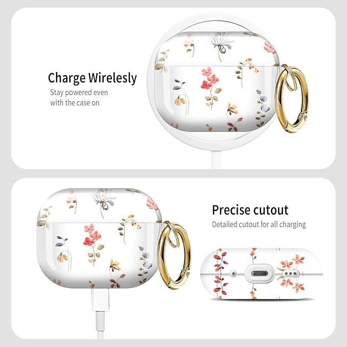 Cute Hard Case Compatible with AirPods Pro 3rd Generation Case (2025), Shockproof Protective Cover with Golden Keychain Ring Clip (Abstract Wildflowers and Plants)