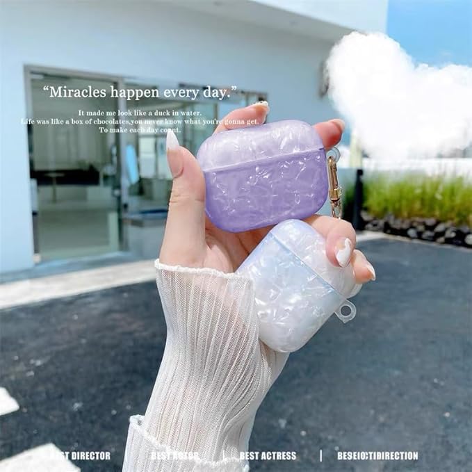 for Cute Glitter Airpods Pro/Pro 2 Gen Case with Cleaner Pen, Shell Pattern iPod Pro 2nd/1st Generation Cover Protective Skin Girl Women with Luxury Pearl Keychain 2023/2022/2019 - Purple