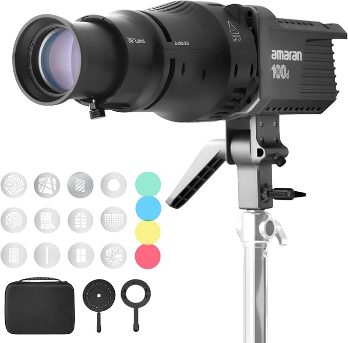 WELLMAKING Bowens Mount Optical Snoot Conical S-290LED Kit. 2 Times Brighter, Adjustable Focus Lens, Aperture Modifier and 12 Gobos; for Photography, Studio Video, only suitfor LED Continuous Lights