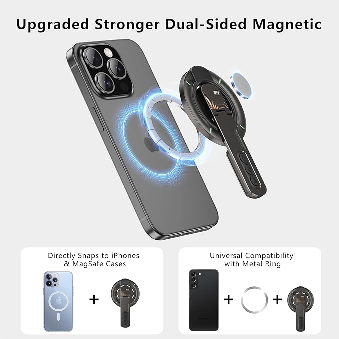 Phone Grip for Magsafe Phone Stand 360°Roration Gym Holder Phone Kickstand Silicone Finger Ring Innovative Pressure-Relief Damping Hinge Design with Magnet Ring Compatible All Phones, Black