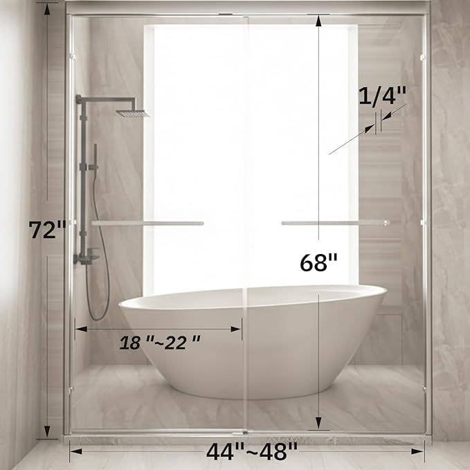 Glass Shower Door 44-48" W x 72" H Semi-Frameless Double Sliding Bathroom Shower Doors with 1/4 inch Clear Tempered Glass for Walk-in Shower, Chrome