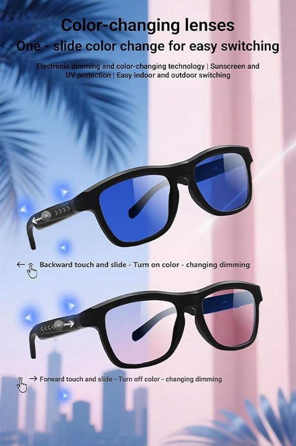 AI Translator Glasses - 2025 Smart Glasses with Slidable Color-Changing Lenses, Hands-Free Open-Ear Audio, Voice Assistant & UV Protection-Blue Lenses