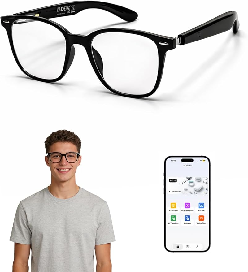 Smart Glasses for Men & Women, AI Smart Glasses with Translation Open-Ear Speaker Blue Light Blocking Glasses Lenses Hands-Free Calls Music for Driving, Travel, Work