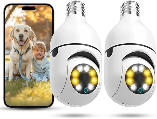 Light Bulb Security Camera, 2 Pack 2K/3MP Outdoor Camera Wireless 2.4G Hz WiFi E27 Camera for Home Security, 24/7 Recording, Motion Detection and Alarm