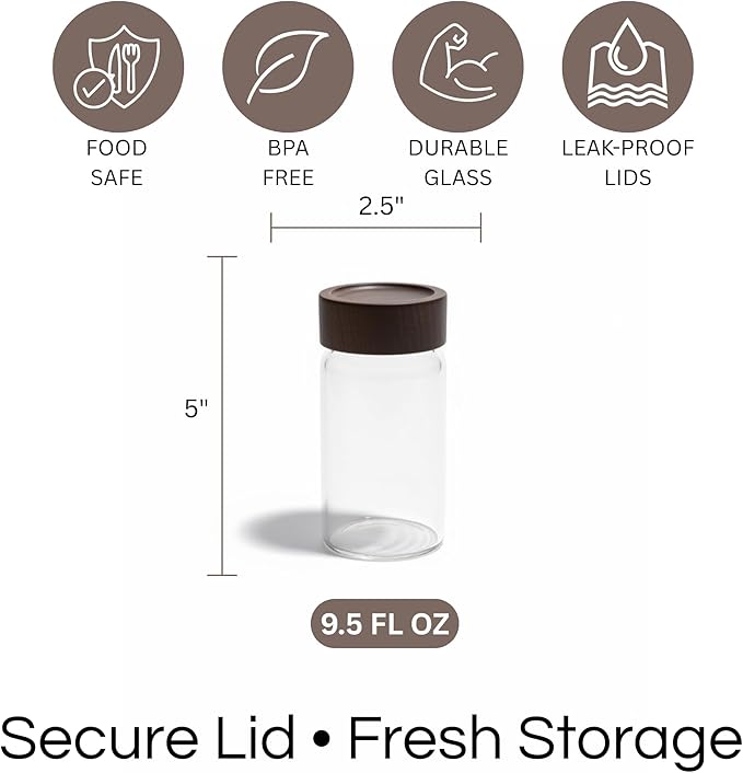 Wide Mouth Glass Storage Jars With 2.5" Acacia Wood Lids - 6 Pack of 9.5 Oz Food Storage Containers - Borosilicate Glass Canisters Sets For Kitchen - Pantry Organizers and Storage for Rice Coffee