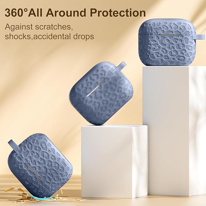 Leopard Engraved for AirPods 4 Case Cover 2024,Soft Silicone Protective Case Compatible with Apple AirPods 4th Generation for Women,Cute for AirPod 4 Accessories with Keychain (Blue Gray)
