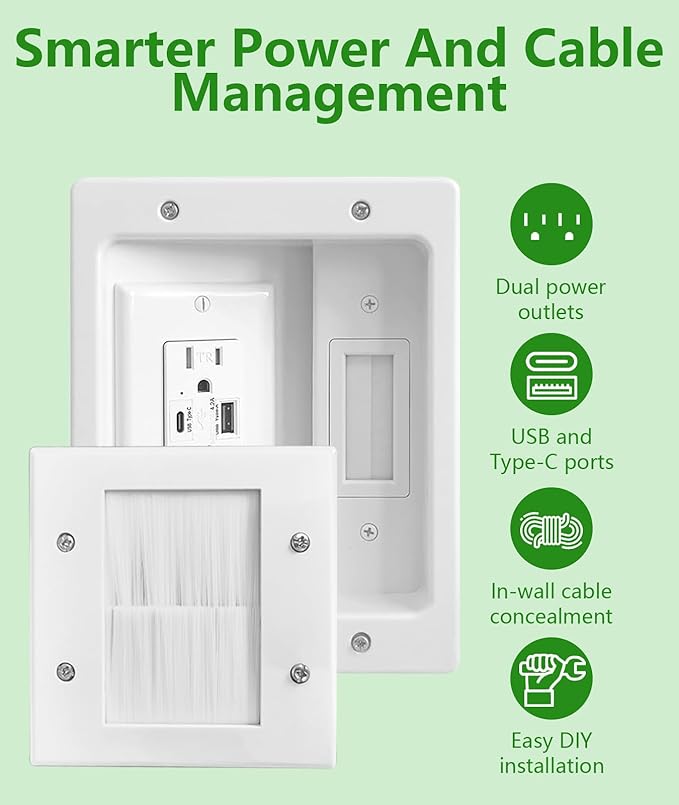 TV Cord Hider for Wall Mounted TV – Dual Outlet in-Wall Cable Management Kit for Power & Low Voltage Cables – Includes 9.84”L x 7.87”H x 3.94”D Module, Wall Template, Saw (4 Data Cable Jacks)