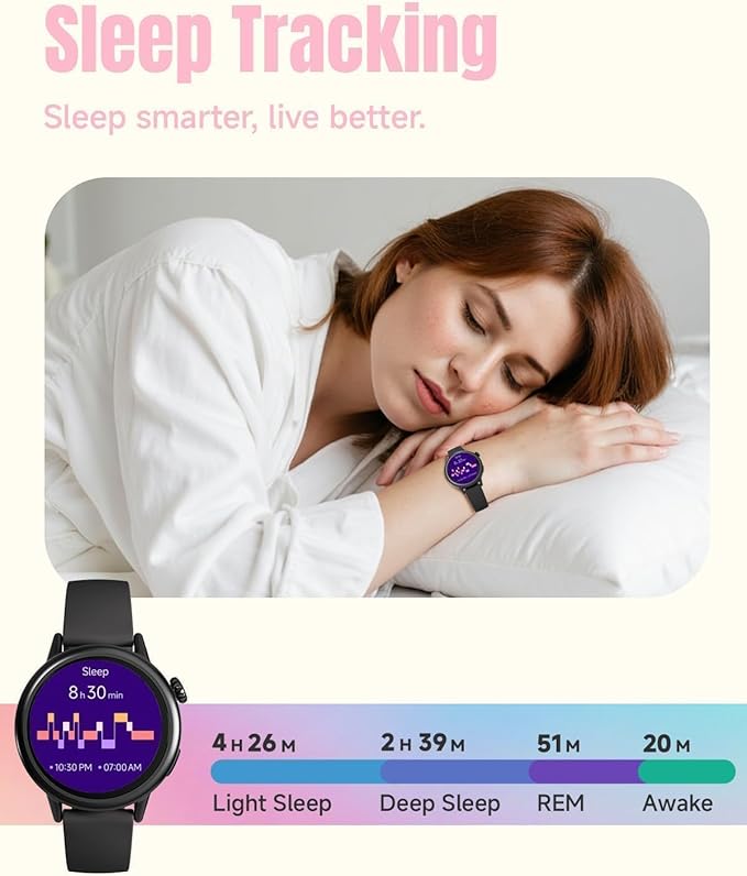 TOOBUR Petite Smart Watch for Women, 1.1'' AMOLED Screen Smartwatch, Compatible Android & iOS Phones, Answer/Make Calls, Fitness Tracker with Heart Rate/Step/Calories Monitor, 100+ Sports Modes, Black