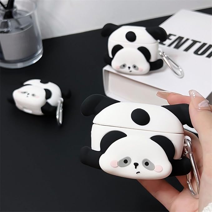 Case Compatible with 2024 Airpods 4, Cute Kawaii Panda Design Earbuds Cover, Kids Boys Girls Portable Accessories Soft Silicone Wireless Earphone Shockproof Protector for Gifts Black White