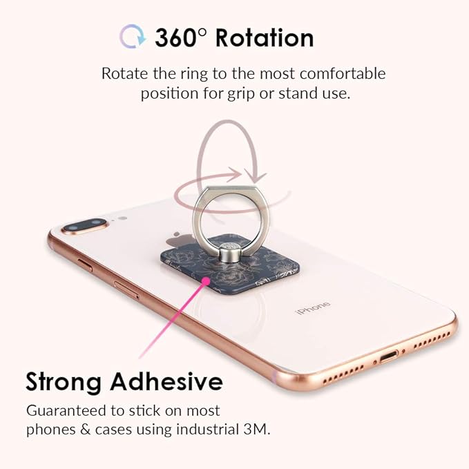 Velvet Caviar Cell Phone Ring Holder - Finger Ring & Stand - Improves Phone Grip Compatible with iPhone, Galaxy and Most Cases (Except Silicone/Leather) - Black Rose Gold Flower