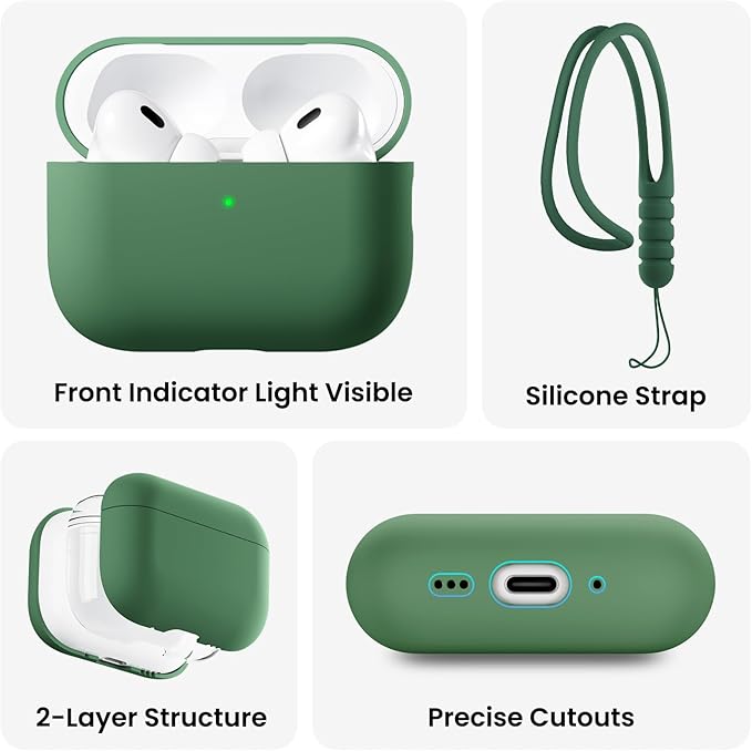 ORNARTO Compatible with AirPods Pro 3 Case 2025, Full Protective Hybrid Silicone for AirPods Pro 3rd Generation Case, Front LED Visible Skin Cover-Clover Green