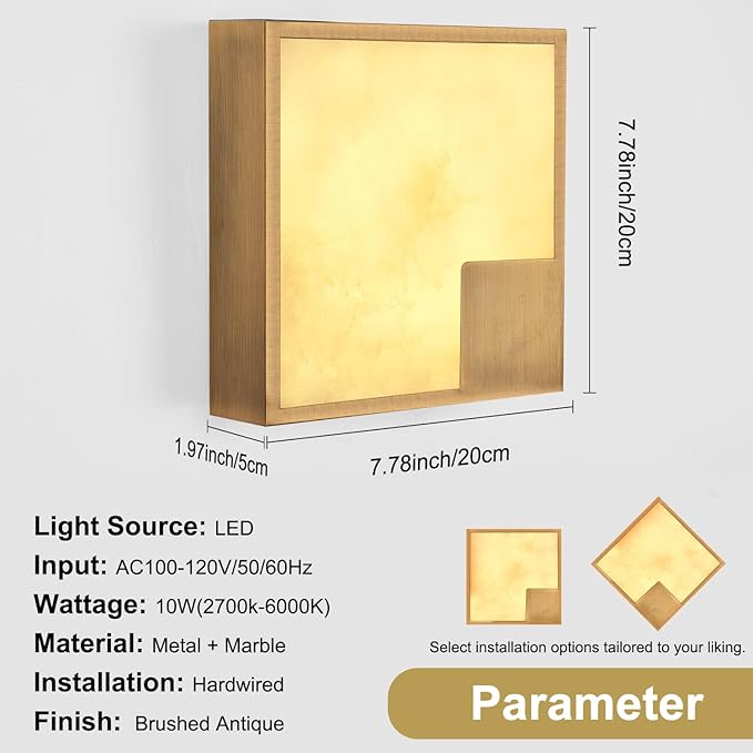 Natural Alabaster Wall Sconce Antique, Square Marble Wall Lighting Dimmable, LED Alabaster Wall Lamp Fixture for Hallway, Living Room, Stair, Bedroom, Bedside