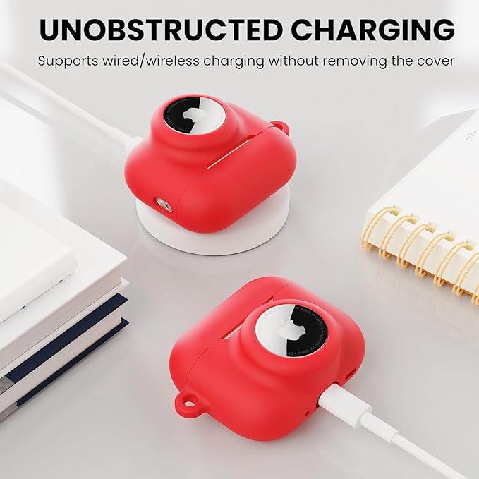 2 in 1 Silicone Case Compatible with AirPods Pro 3 and AirTag 2/1, Shockproof Protective Case Cover for AirPods Pro 3rd Generation 2025 with Cleaner Kit & Carabiner (Red)