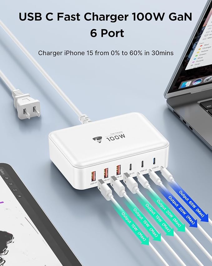 100W USB C Fast Charger Station 6 Ports (One Port 65W Max) Charging Block for Multiple Devices USB Wall Plug Charger Block for iPhone, iPad, Samsung, MacBook, Tablet, Laptop, 5FT Cord