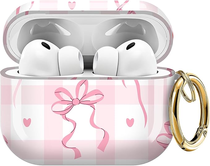Case for AirPod Pro 3 Shock-Proof Protective Hard Case with Golden Keychain Compatible with Apple Airpods Pro 3rd Generation 2025 (Pink Ribbon Checkered)