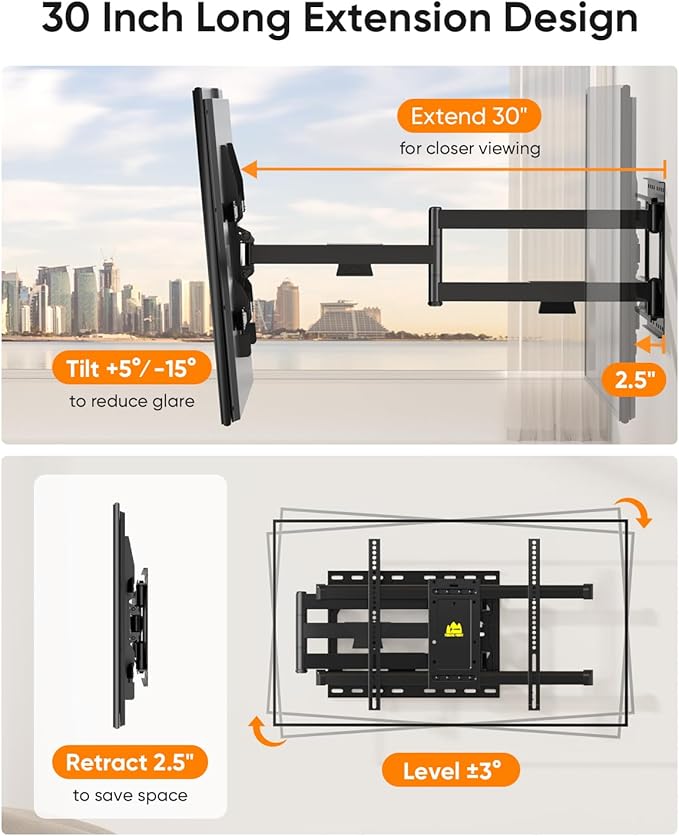 FORGING MOUNT Corner TV Mount Long Arm TVs Wall Mount for Most 37-75 Inch Flat Curved TVs, 30 Inch Long Extension TV Mount Swivel, Tilt, Full Motion Articulating Arms Max VESA 600x400mm up to 99lbs