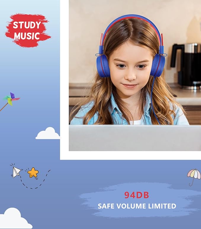 Upgrade USB Type C Kids Headphone for School, 94dB Safe Volume Limited, HD Stereo Sound, Foldable Lightweight On-Ear Headphones for Boys/Girls/Students/Tablet/Travel(Navy Blue)