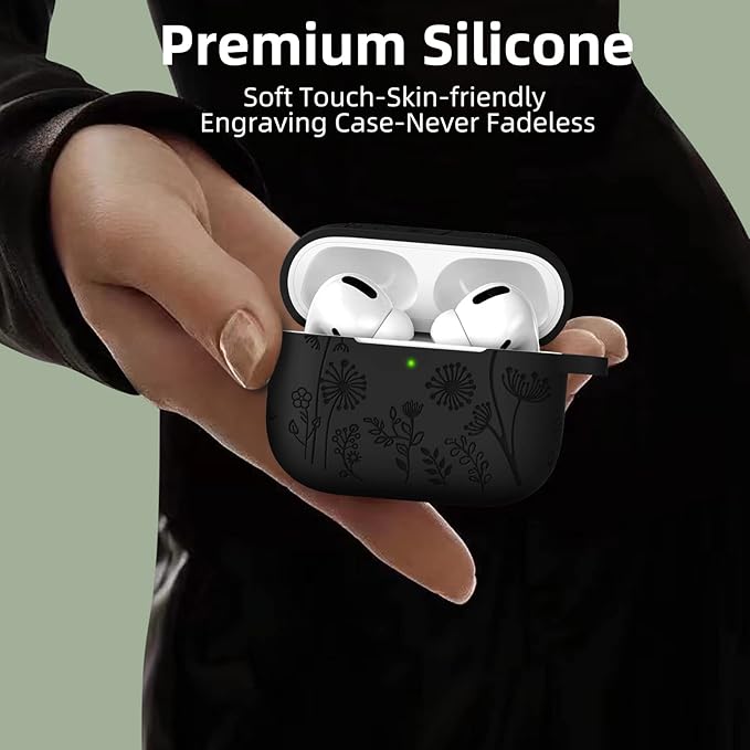 Lerobo Flower Engraved Case Compatible with Apple AirPods Pro 2 Case Cover Full Protective Cover for AirPods Pro Case 2nd 1st Generation 2022/2023 USB C Cute Soft Silicone Skin Front LED Visible Black