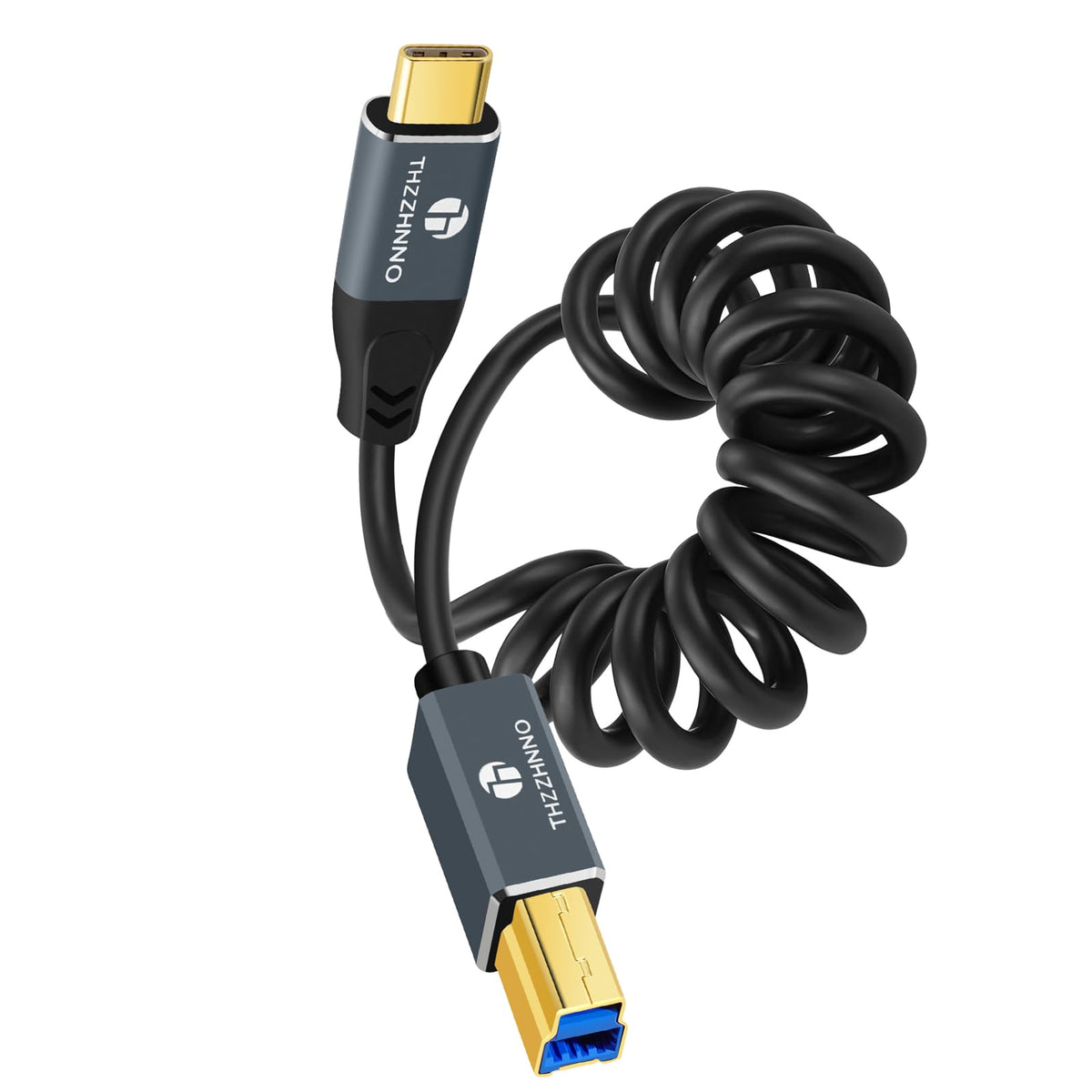 Coiled USB B to USB C Cable, 5Gbps USB C to USB B Printer Scanner Retractable Cable for MacBook, PC, Laptop, MIDI Keyboard, DJ Controller(Extend up from 0.75FT to 3.3FT)