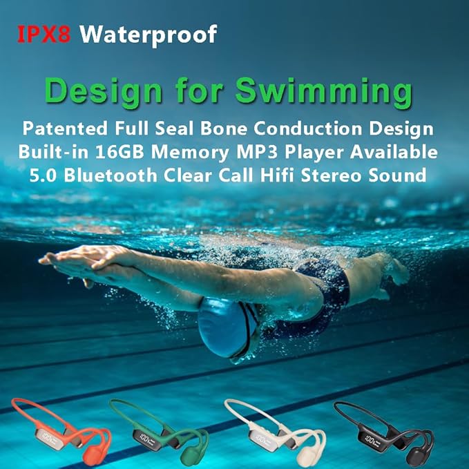 AYI Swim Headphones True Bone Conduction Open Ear Headset LED Screen Power Indicator Underwater MP3 Player Built-in 32G Memory IP68 Waterproof Bluetooth Earphone for Sport Running-S10 White