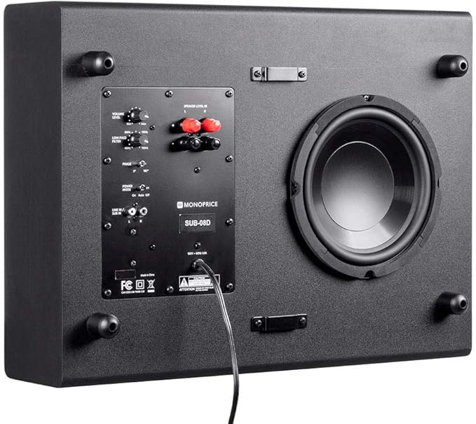 Monoprice SSW-8 Slim Powered Subwoofer - 8 Inch Woofer, 100 Watt, Low Profile, Powerful Amp, Low Pass, RCA and Speaker Level Terminal Inputs, Black