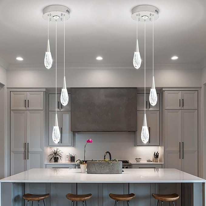 3-Lights Crystal Pendant Light Kitchen Islan Silver Hanging Chandelier Teardrop Crystal Pendant Light Fixture for Dining Room, Living Room,Kitchen lsland, Foyer