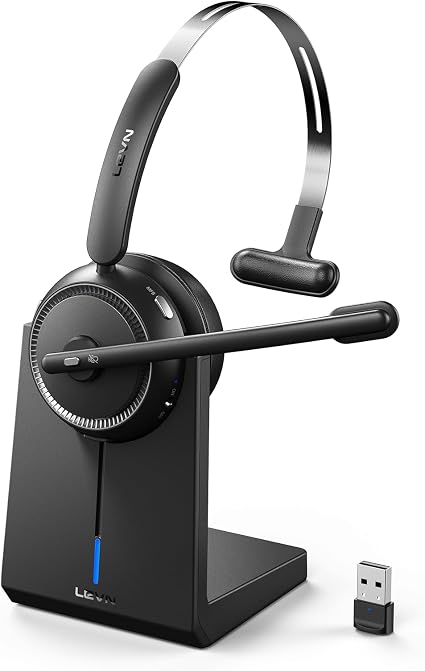 LEVN Wireless Headset 5.2 for Call Center, BluetoothHeadphones with Mic for Work(Noise Cancelling), 65 HoursWoktime & Mute Button,Wireless Headset for Work fromHome/Office/PC/Computer/Laptop(Black)